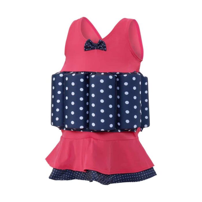 KONFIDENCE FLOATSUIT LYCRA BUOYANT AID TO SWIMMING PINK NAVY POLKA 1-2 YEARS – Image 2