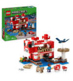 Jeu LEGO Minecraft avec personnages et bâtiments.